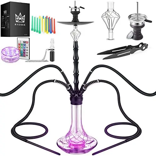 Produktbild: Ryosee Shisha 100cm 4 Schlauch Shisha Set mit LED Licht, 4 Anschlüssen shisha set komplett Hookah-set aus Aluminiumrohr mit Molassefänger (schwarz)