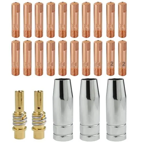 Produktbild: RYXZEN 25Stück Verschleißteile Set Schweißzubehör mit 15 Stromdüse M6 0,6mm 0,8mm 0,9mm 1,0mm 1,2mm 3 Gasdüse Konisch Steckbar 2 Düsenstock mit Haltefeder Schweißbrenner Ersatzteile für MB15AK MIG MAG