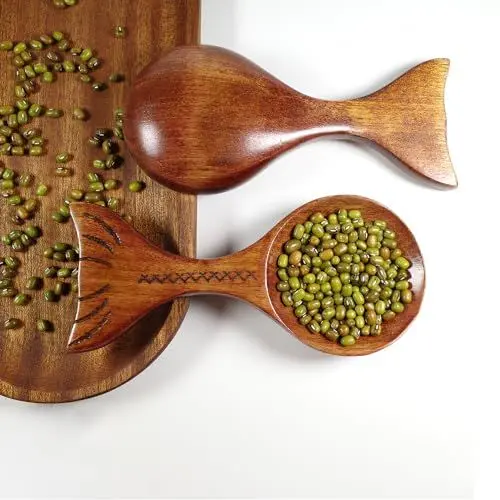 Produktbild: RYXZEN 2 Stück Holzlöffel Esslöffel Kreatives Fischschwanz Design Tafellöffel Dessertlöffel Umweltfreundlich Geschirr Kurzer Griff Suppenlöffel Kaffee Tee Honig Naturholzlöffel Küchenzubehör (13x6cm)