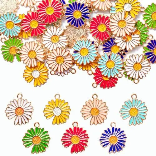 Produktbild: RYXZEN 42 Stück Charms Anhänger Blumen Emaille Anhänger Bunte Blumen Charms Gänseblümchen Kirsch Blumen Baumeln Vergoldeter Emaille Charm Für Halskette Ohrring Armband Schmuckherstellung (7 Farbe)
