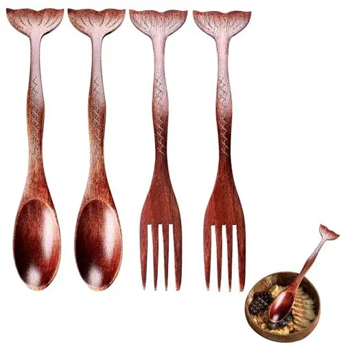 Produktbild: RYXZEN 4 Stück Holzlöffel Esslöffel Gabeln Set Kreatives Fischschwanz Design Tafellöffel Dessertlöffel Umweltfreundlich Geschirr Suppenlöffel Kaffee Tee Honig Naturholzlöffel Küchenzubehör (17x2.8cm)