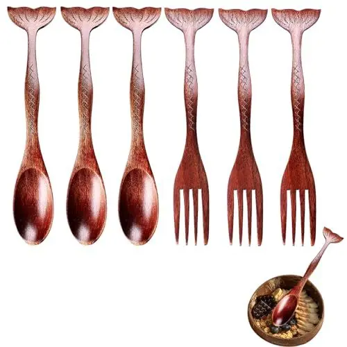 Produktbild: RYXZEN 6 Stück Holzlöffel Esslöffel Gabeln Set Kreatives Fischschwanz Design Tafellöffel Dessertlöffel Umweltfreundlich Geschirr Suppenlöffel Kaffee Tee Honig Naturholzlöffel Küchenzubehör (17x2.8cm)