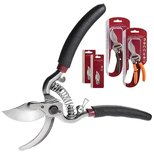 Produktbild: S. Kunde & Sohn Germany – die leichteste geschmiedete Gartenschere 2x SKS6 Tradition + 2 Ersatzklingen GRATIS – ergonomisches Design – Bypass – Rosen-Rebschere – ∅20mm – kompl. beschichtet, rostfrei