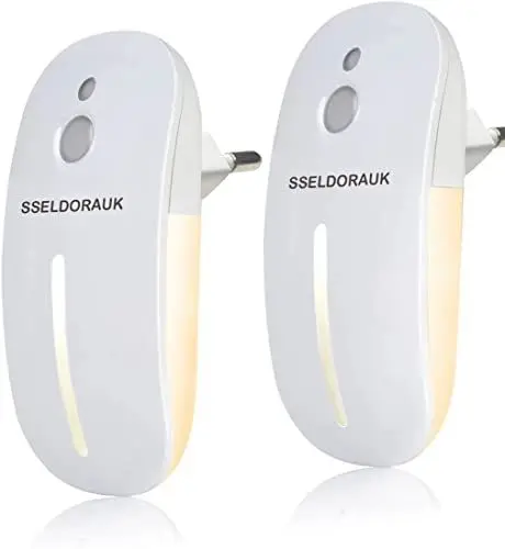 Produktbild: S SELDORAUK Nachtlicht Steckdose mit Bewegungssensor, Plug-in LED licht Helligkeit Dimmbare,Dämmerungssensor,ON/AUTO Modi,3000K für Schlafzimmer Kinderzimmer Bad Küche Flur Treppe(WarmesWeiß 2 Stück)