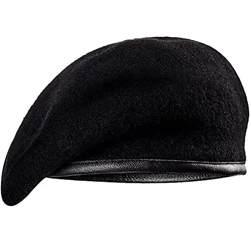 Produktbild: SAALVI 100% Wolle und Leder Militär-Barett für Herren und Damen Baskenmütze aus Wolle, Wollmütze, Wollkappe Bundeswehr Männer und Frauen, weiches Satin-Futter, Barett in Schwarz