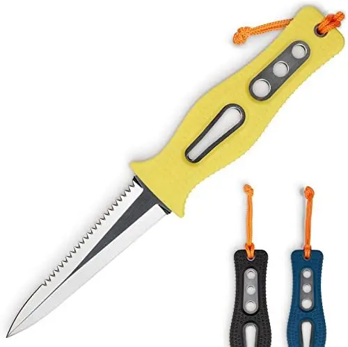 Produktbild: SAALVI Tauchermesser – robuste Stahlklinge für Tauchen, Schnorcheln & Camping – Tauchmesser, Speerfischmesser & Schraubenschlüssel – verstellbare Beingurte & Hülle – Zweischneidige Klinge