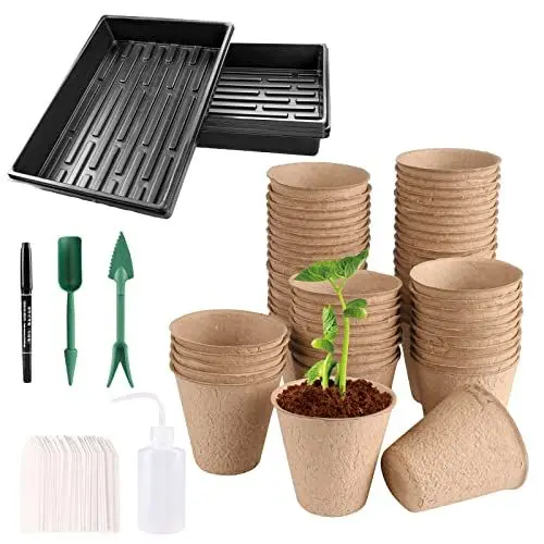 Produktbild: Saatschalen & Biologisch Anzuchttöpfe Anzucht Töpfe für Sämlinge, Fasertöpfe Ø8 60 Stück Kompostierbare Karton-Pflanztöpfe Blumentöpfe-Set mit Etiketten 4pcs Sämlingschalen Keine Entwässerungslöcher