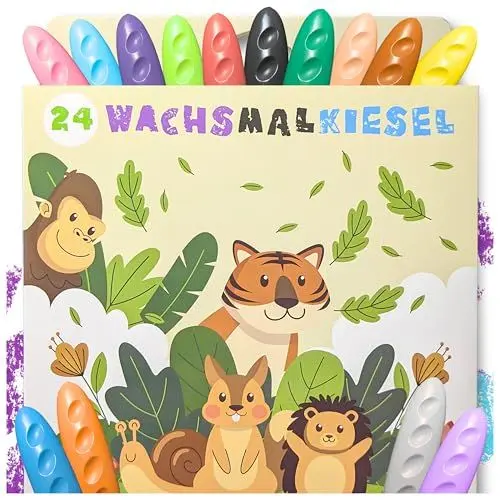 Produktbild: Sabbatbox Kiesel Wachsmalstifte für Kinder, 24 Farben, bruchsicher, ungiftig, waschbar & kinderleicht zu halten, Malstifte für Kinder, 24er Set
