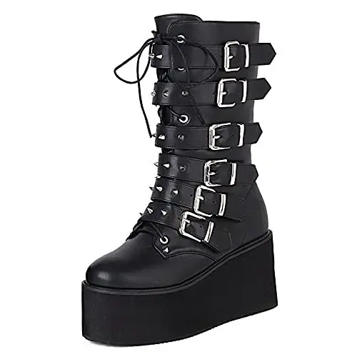 Produktbild: SacciButti Damen Reißverschluss Gothic Stiefel Keilabsatz Plateau Mid Calf Stiefel Runde Zehen Cool Stiefel Black Große 40