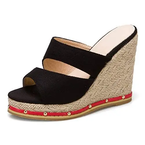 Produktbild: SacciButti Damen Wedge Pantoletten Wildleder Plateau Open Toe sandaletten High Keilabsatzs Ohne Verschluss Sommer Schuhe Black size 48 Asiatisch