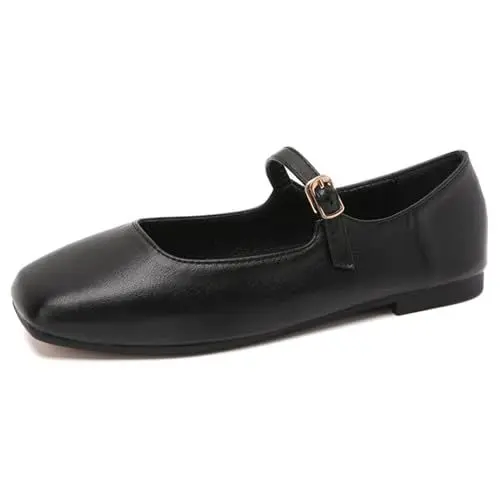 Produktbild: PanaLuxe Damen Weich Mary Jane Flach Shoes Schwarz Square Toe Bequeme Ballerinas mit Riemchen Wanderschuhe 39