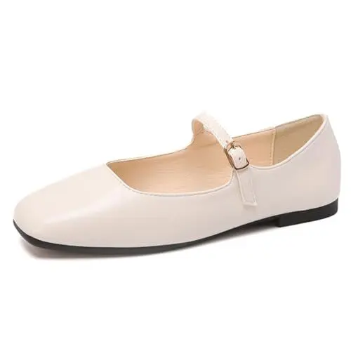 Produktbild: SacciButti Damen Weich Mary Jane Flach Shoes Weiß Square Toe Bequeme Ballerinas mit Riemchen Wanderschuhe 39