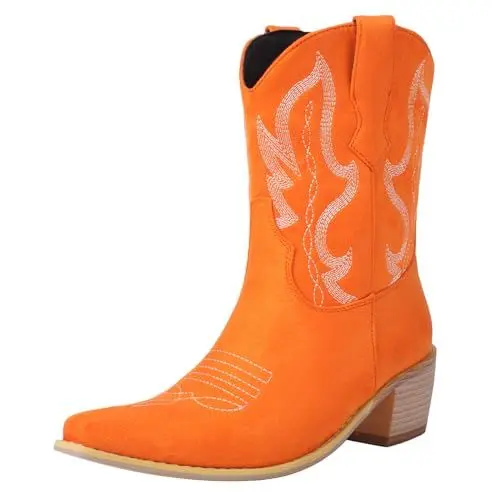 Produktbild: SacciButti Klassische Cowboy Stiefeletten Bestickte Damen Suede Stiefeletten Pointed Toe Western Cowgirl Stiefel Blockabsatz Stiefeletten Pull on Orange 37