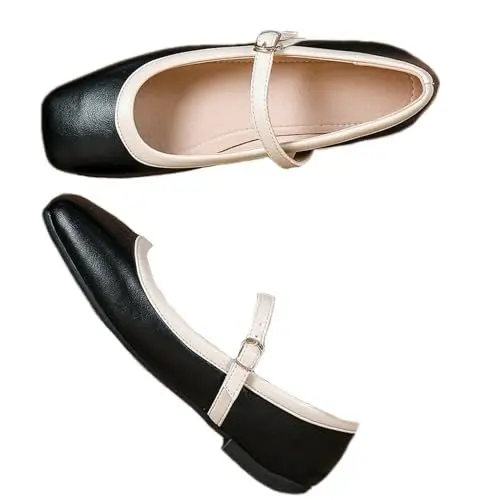 Produktbild: SacciButti Weich Mary Jane Flach für Frauen Patchwork Schwarz Ballerina mit Riemen Square Toe Wanderschuhe Flach Abendschuhe Formelle 40