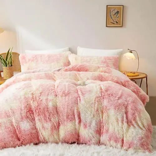 Produktbild: Sacebeleu Winter Bettwäsche 200x200cm Rosa Gelb Plüsch Langhaar Flauschig Flanell Biber Bettbezug Warme Deckenbezug Bettbezug und 2 Kissenbezug 80x80cm mit Reißverschluss