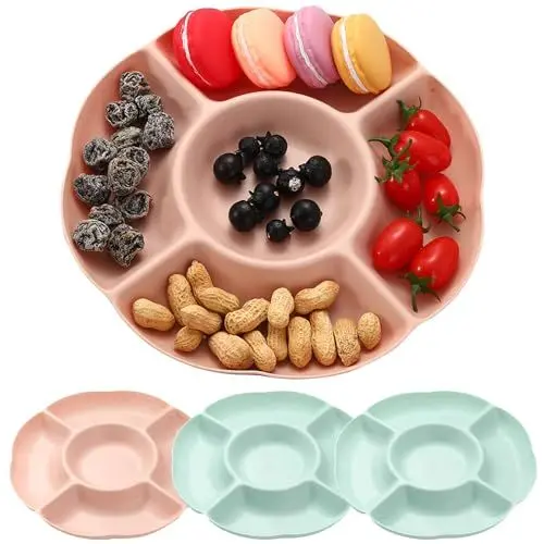 Produktbild: SacJkt Snackteller mit 5 Fächern, 4 Stück Snackschale, Plastik Snackteller Obstteller aus Kunststoff Wiederverwendbar Dauerhaft für Nüsse Desserts (Rosa, Grün)