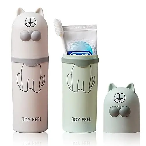 Produktbild: SacJkt Zahnputzbecher Kinder, 2 pcs Zahnbürsten Etui Karikatur Katze Tier Zahnputzbecher Set Zahnbürstenhalter Reise Personalisiert für Junge Mädchen Reisen Camping Schule Zuhause (Weiß, Grün)