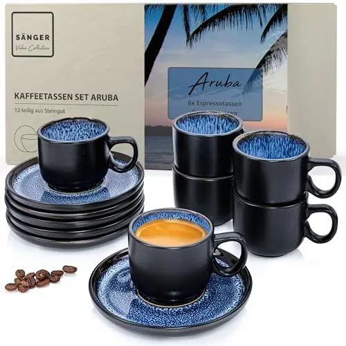 Produktbild: SÄNGER Aruba | Espressotassen Set Steingut 12 teilig, Mokka Tassen Set 6 Personen, Tassen & Untertassen - spülmaschinenfest mikrowellenfest - Tassenset blau mit schwarzem Rand 80 ml | VALUE COLLECTION