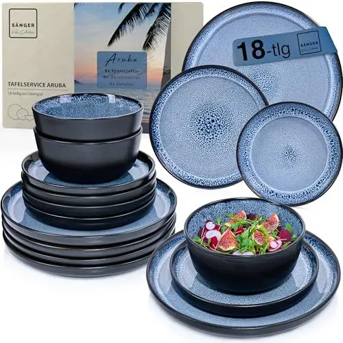Produktbild: SÄNGER Aruba | Steingut Geschirr Set 18 tlg, Teller Set 6 Personen, Geschirrset 6x Speiseteller 6x Müslischalen 6x Dessertteller, Tafelservice blau mit schwarzem Rand kratzfest | VALUE COLLECTION