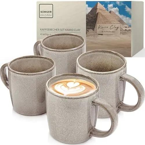 Produktbild: Sänger Kairo Clay | Kaffeebecher 4 teilig, Steingut Tassen Set für 4 Personen, Tassen multifunktional, spülmaschinen-mikrowellenfest, Coffee Mug Teetasse, Kaffeetassen Grau 400 ml VALUE COLLECTION