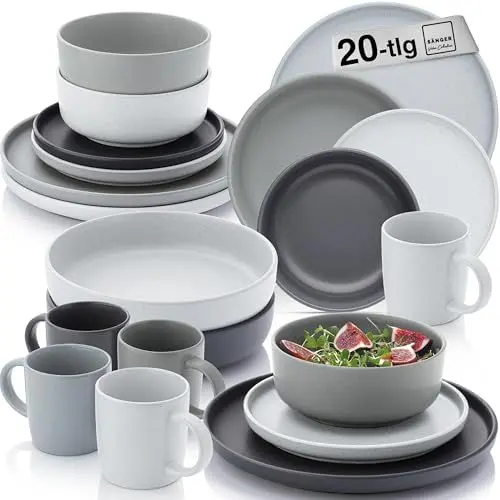 Produktbild: SÄNGER Leeds | Kombiservice 20 teilig, Steingut Geschirr 4 Personen, 4x Speiseteller 4x Dessertteller 4x Schalen 4x Pastateller 4x Kaffeebecher, Teller Set bunt | VALUE COLLECTION