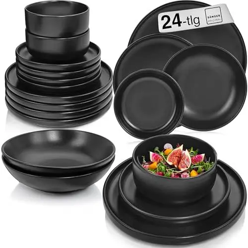 Produktbild: SÄNGER Madeira | Kombiservice 24 teilig, Steingut Geschirr Set 6 Personen, 6x Teller Set 6x Frühstücksteller 6x Tiefe Teller 6x Pastaschalen Geschirrset und Schale schwarz | VALUE COLLECTION