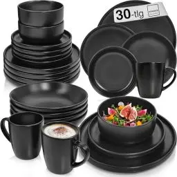 Produktbild: SÄNGER Madeira | Kombiservice 6 Personen, Teller Set Kaffeebecher Suppenteller 30 tlg, Steingut Geschirr Set spülmaschinen- mikrowellen- kratzfest, Geschirrset aus Steingut schwarz | VALUE COLLECTION