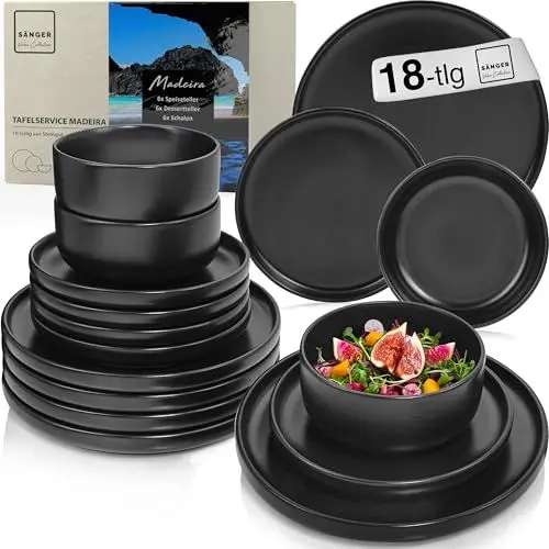Produktbild: SÄNGER Madeira | Steingut Geschirr Set 18 tlg, Teller Set 6 Personen, Geschirrset 6x Speiseteller 6x Müslischalen 6x Dessertteller, Tafelservice schwarz kratzfest, Essgeschirr matt | VALUE COLLECTION