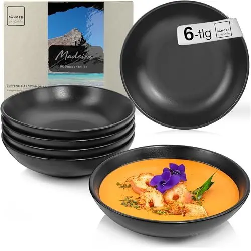 Produktbild: SÄNGER Madeira | Suppenteller 6 teilig, Steingut Suppenschüssel 6 Personen spülmaschinen- mikrowellen- kratzfest, Schüsseln aus Steingut, tiefe Teller schwarz 700 ml | VALUE COLLECTION