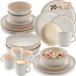Produktbild: SÄNGER Rio Creme | Kombiservice 4 Personen, Teller Set Kaffeebecher Pastaschale 20 tlg, Steingut Geschirr Set spülmaschinen- mikrowellen- kratzfest, Geschirrset aus Steingut, creme | VALUE COLLECTION