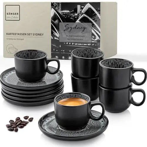 Produktbild: SÄNGER Sydney | Espressotassen Set Steingut 12 teilig, Mokka Tassen Set 6 Personen, Tassen &Untertassen Espresso Tassen spülmaschinenfest mikrowellenfest Tassenset dunkel grau 80 ml | VALUE COLLECTION