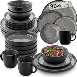 Produktbild: SÄNGER Sydney | Kombiservice 6 Personen, Teller Set Kaffeebecher Pastaschale 30 tlg, Steingut Geschirr Set spülmaschinen- mikrowellen- kratzfest, Geschirrset aus Steingut dunkel grau| VALUE COLLECTION