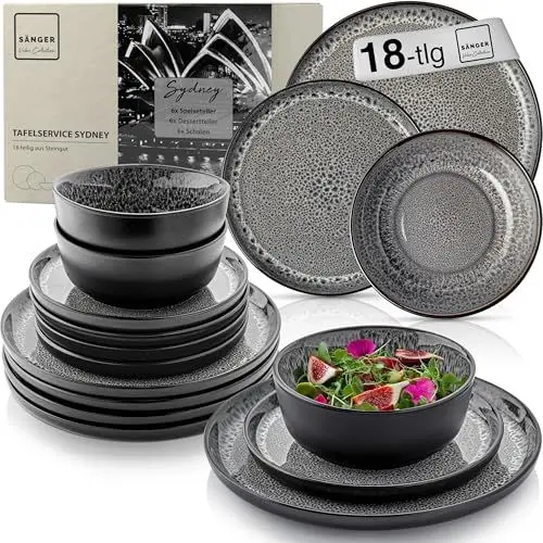 Produktbild: SÄNGER Sydney | Steingut Geschirr Set 18 tlg, Teller Set 6 Personen, Geschirrset 6x Speiseteller 6x Müslischalen 6x Dessertteller, Tafelservice dunkel grau kratzfest, Essgeschirr | VALUE COLLECTION