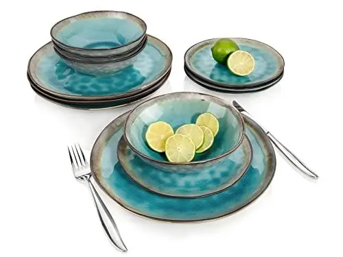 Produktbild: SÄNGER | Geschirrset Capri 12 tlg, Teller Set 4 Personen, Steingut Geschirr inkl. Speiseteller Dessertteller & Tiefe Teller, Tafelservice Handmade Türkis Blau mit Grauem Rand | PREMIUM COLLECTION
