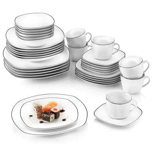 Produktbild: SÄNGER | Kombiservice Bilgola Black Rim 36 tlg, Porzellan Geschirrset 6 Personen spülmaschinenfest, Tellern & Kaffeeservice, Geschirr Weiß mit Schwarzen Akzenten | PREMIUM COLLECTION