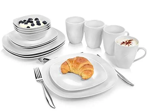 Produktbild: SÄNGER | Kombiservice Bilgola in weiß, 16-teiliges Geschirrset aus Porzellan für 4 Personen, Teller, Tassen, Schalen, Eckiges Design | PREMIUM COLLECTION