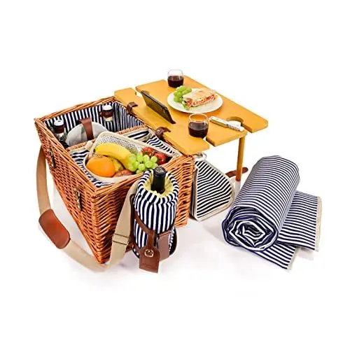 Produktbild: SÄNGER | Picknickkorb Borkum, 25-teiliges Set für 4 Personen, Großer Picknickkorb mit integriertem Tisch, Kühltasche, Picknickdecke & Geschirr, Komplett-Set