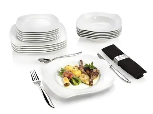 Produktbild: SÄNGER | Tafelservice Avalon in Weiß, 18-teiliges Geschirrset für 6 Personen aus Porzellan, Teller geschwungenes Design | PREMIUM COLLECTION