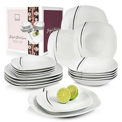 Produktbild: SÄNGER | Tafelservice Bilgola Black Lines aus Porzellan, 18-teiliges Geschirrset für 6 Personen, Teller Set, Eckig | PREMIUM COLLECTION
