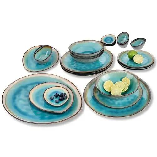 Produktbild: SÄNGER | Tafelservice Capri 23 tlg, Teller Set 4 Personen, Steingut Plates Set inkl Servierplatten Dessertteller Speiseteller & Schüsseln, Teller Handmade, Essservice Türkis Blau mit Grauem Rand