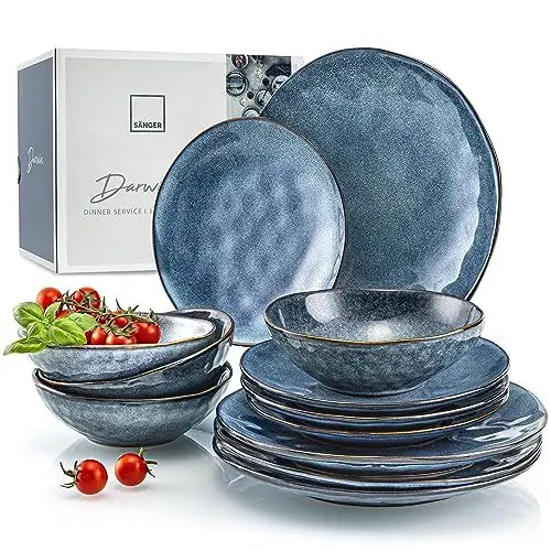 Produktbild: SÄNGER | Tafelservice Darwin 12 tlg, Steingut Geschirrset 4 Personen, Teller Set in Blau inkl. Speiseteller Dessertteler & Tiefe Teller, Essgeschirr, Geschirr Set Handmade | PREMIUM COLLECTION
