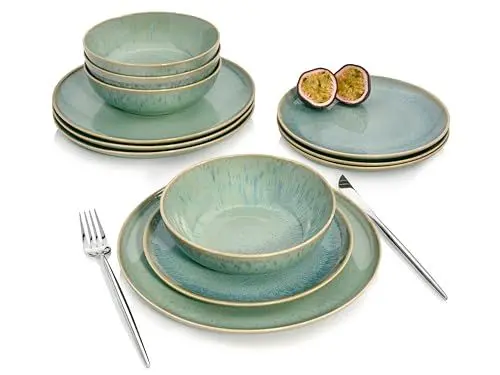Produktbild: SÄNGER | Tafelservice Maya 12 tlg, Steingut Geschirrset 4 Personen, Teller Set in Mintgrün inkl. Speiseteller Dessertteller & Tiefe Teller, Handmade Geschirr Modern, Essgeschirr | PREMIUM COLLECTION