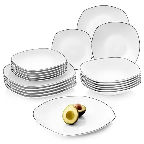 Produktbild: SÄNGER | Teller Set Bilgola Black Rim 18 tlg, Porzellan Geschirrset 6 Personen Tafelservice Spülmaschinenfest, Essgeschirr mit Flachen & Tiefen Tellern Weiß mit Schwarzen Akzenten | PREMIUM COLLECTION