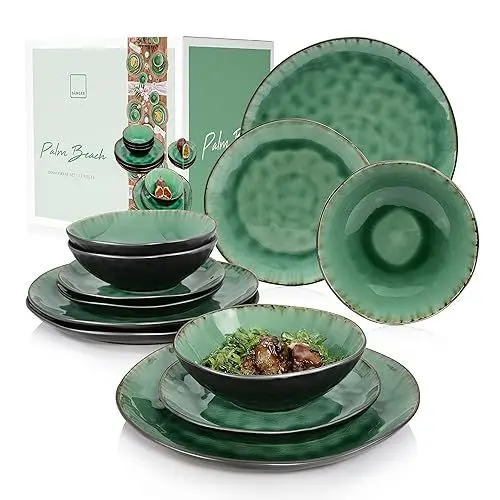Produktbild: SÄNGER | Teller Set Palm Beach 12 tlg, Geschirrset 4 Personen, Geschirr Steingut, Dinner Set inkl. Speiseteller Dessertteller & Tiefe Teller Grün Schwarz mit Braunem Farbverlauf | PREMIUM COLLECTION
