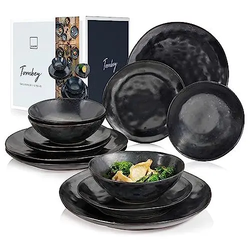 Produktbild: SÄNGER | Teller Set Tombey 12 tlg, Geschirrset 4 Personen, Steingut Essservice inkl. Speiseteller Dessertteller & Tiefe Teller, Tafelservice Metallic Grau mit Schwarzen Akzenten | PREMIUM COLLECTION
