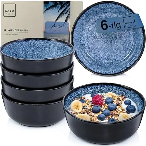 Produktbild: Sänger Aruba | Steingut Bowl Schüssel 6 teilig, Schüssel Set 6 Personen, Schale spülmaschinen- mikrowellen- kratzfest, Müslischalen, Schüsseln blau mit schwarzem Rand 550 ml | VALUE COLLECTION