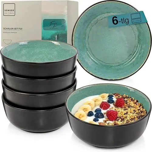 Produktbild: Sänger Fiji | Steingut Bowl Schüssel 6 teilig, Schüssel Set 6 Personen, Schale spülmaschinen- mikrowellen- kratzfest, Müslischalen Dessertschalen, Schüsseln dunkelgrün 550 ml | VALUE COLLECTION