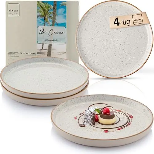 Produktbild: Sänger Rio Creme | Dessertteller 4 teilig, Steingut Frühstücksteller 4 Personen, Kuchenteller spülmaschinenfest mikrowellenfest multifunktional, Steingut Geschirr cremefarben | VALUE COLLECTON