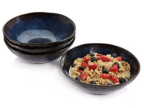 Produktbild: Sänger | Müslischalen Set Tokio 4 tlg, Bowl Schüssel Set 4 Personen, Müslischüsseln Steingut, Schale Spülmaschinenfest, Schalen Set Handmade Blau-Schwarz mit Braunen Akzenten | PREMIUM COLLECTION