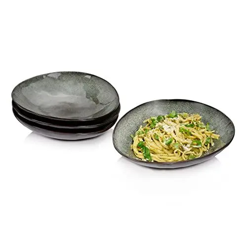 Produktbild: Sänger | Pastateller Kopenhagen 4 tlg, Pasta Schüssel Set 4 Personen, Steingut Geschirr Set für Pasta, Tellerset Spülmaschinenfest, Nudelteller, Bowl Schüssel Grau Grün 1l | PREMIUM COLLECTION